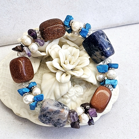 Sodalite,Copper Goldstone, Pearls, Amethyst, Turquoise Stretchy Bracelet - Picture 8 of 14